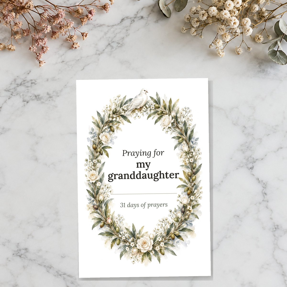 A printable faith card with a watercolor-style wreath on white marble, with dried flowers